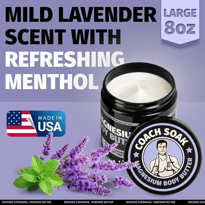 Coach Soak 2-Pack Nighttime Magnesium Body Butter, Thick Cream with High Magnesium Concentration, Soothes Muscles Overnight, Shea Butter, Almond Oil & Lavender, Large Size (Total of 16oz)