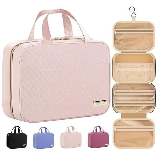 HOTOR Travel Toiletry Bag w/Hanging Hook - Spacious Toiletry Bag Essentials for Women & Men, Makeup Bag/Big Comparment, Waterproof for Travel Accessories, Medium, Pink