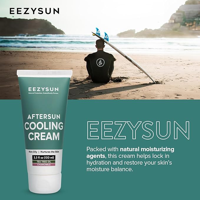 AfterSun Cooling Cream | Vegan AfterSun Care with Aloe Vera, Tea Tree Oil, & Chamomile to Soothe, Hydrate, & Repair Sunburn | Dermatologically Tested 3.3 FL OZ