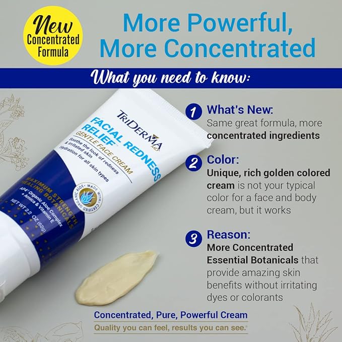 TriDerma Facial Redness Relief Gentle Face Cream, Soothing & Relieving Daily Moisturizer for Redness, Repair Uneven Skin Tone, Irritated or Sensitive Skin | Day/Night | (2.2 Oz. Tube)