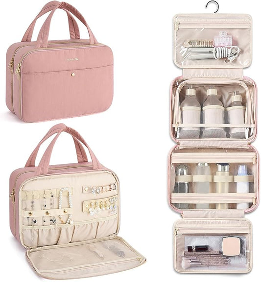 Hanke Hanging Travel Toiletry Bag for Women with Jewelry Organizer Compartment, Travel Essentials Toiletries and Makeup Bag, Water-Resistant & Stain-Resistant with Trolley Strap (Pink)
