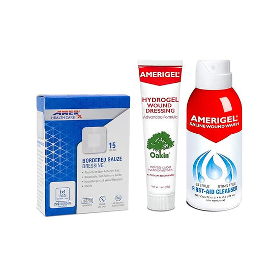 AMERIGEL Total First Aid Bundle - Small - Hydrogel Wound Dressing (1 oz.) - Saline Wound Wash First Aid Cleansing Solution (4 Fl. oz.) - Bordered Gauze Adhesive Bandages (15 Pads)