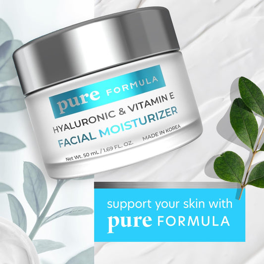 Pure Formula Hyaluronic Acid & Vitamin E Daily Face Moisturizer - Reduce Acne Scars, Fines Lines, Wrinkles, Hydrating Day Cream - Cruelty Free Korean Skin Care For All Skin Types - 1.69 Fl. oz/ 50ml
