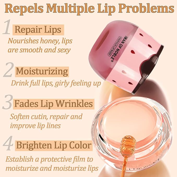 2PCS Strawberry Sleeping Lip Mask,Bee Lip Wrinkle