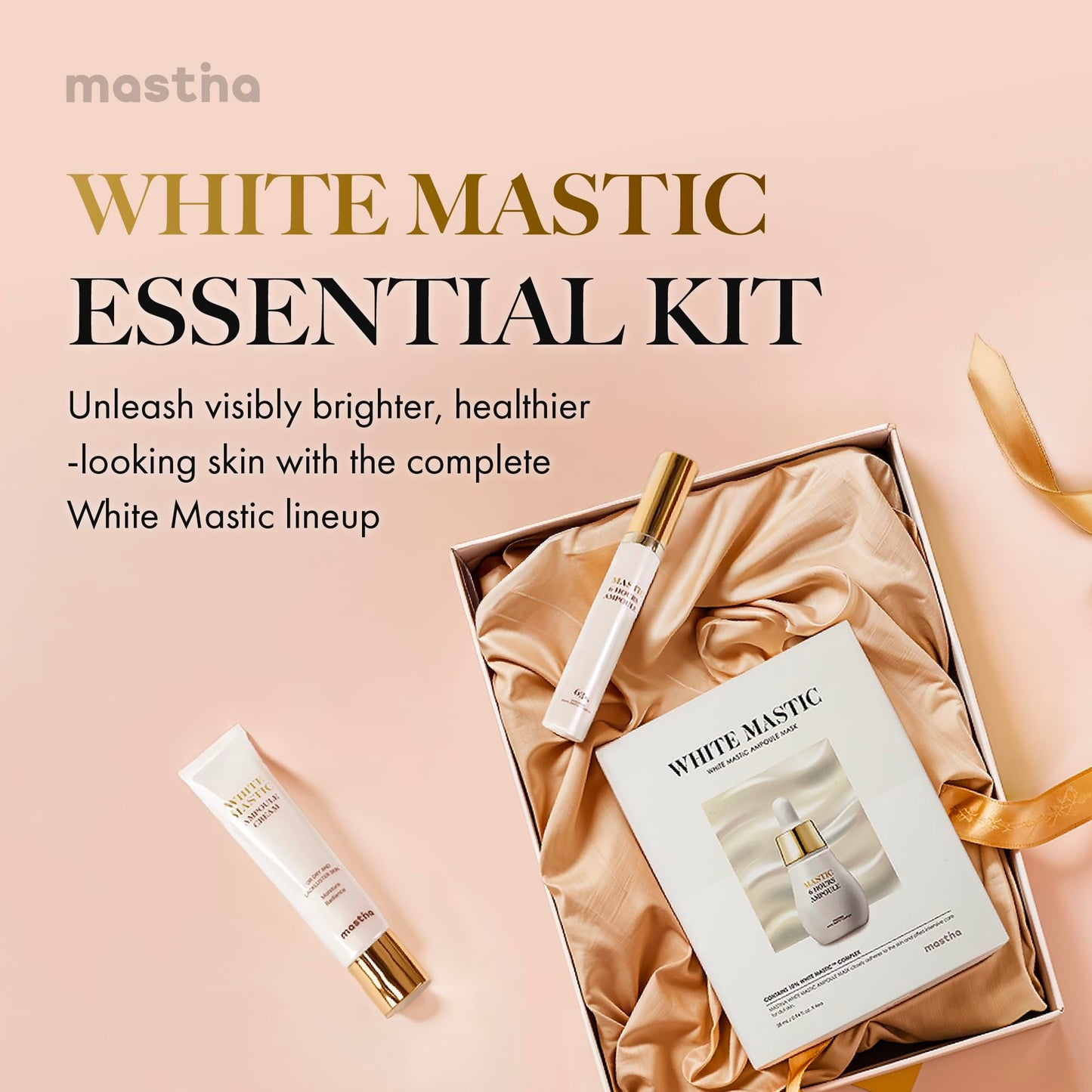 MASTINA White Mastic Essential Skin Care Set- Cream, Ampoule Massager Roller Stick & Sheet Mask Set for Skin Care. Korean Skin Care. Vegan Collagen, Beta-Glucan