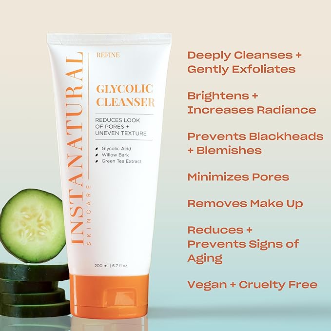 Glycolic Facial Cleanser - Wrinkle, Fine Line, Age Spot, Acne & Hyperpigmentation Exfoliating Face Wash - Clear Skin & Pores - Glycolic Acid, Organic Extract Blend & Arginine - InstaNatural - 6.7 oz