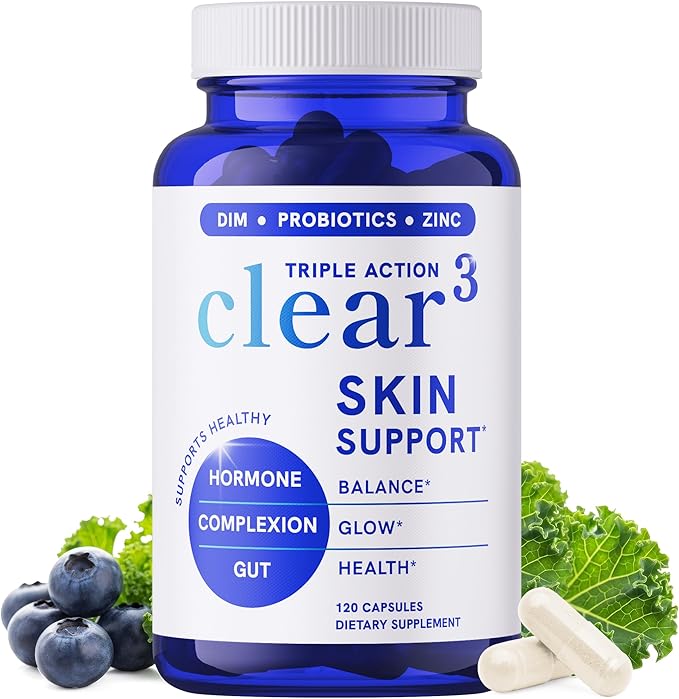 Clear Skin Acne Supplement with Zinc, DIM & Probiotics | 3-in-1 Balance, Clarify, Restore Support with Hyaluronic Acid & Skin Support Vitamins | for Women & Men | Oral Hormonal Acne Pills | 120 Ct