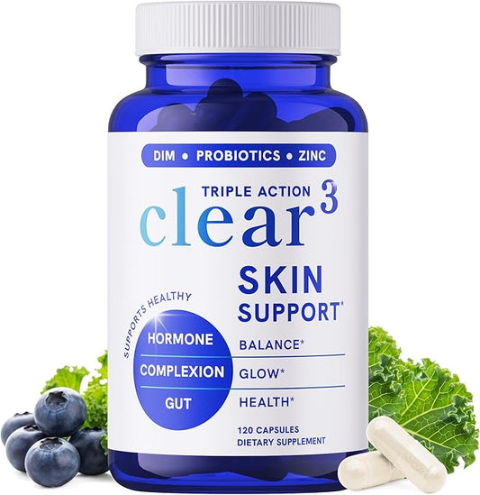 Clear Skin Acne Supplement with Zinc, DIM & Probiotics | 3-in-1 Balance, Clarify, Restore Support with Hyaluronic Acid & Skin Support Vitamins | for Women & Men | Oral Hormonal Acne Pills | 120 Ct