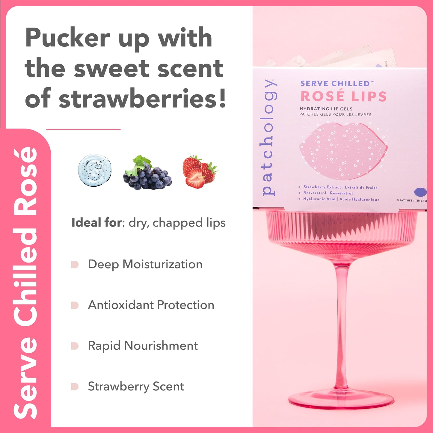 Patchology Serve Chilled Rosé Gel Lip Mask – Hydrating Mask with Resveratrol & Hyaluronic Acid for Soft Feel, Plumping & Moisture – Strawberry Scented, Solution for Dry or Chapped Lips, 5 Count