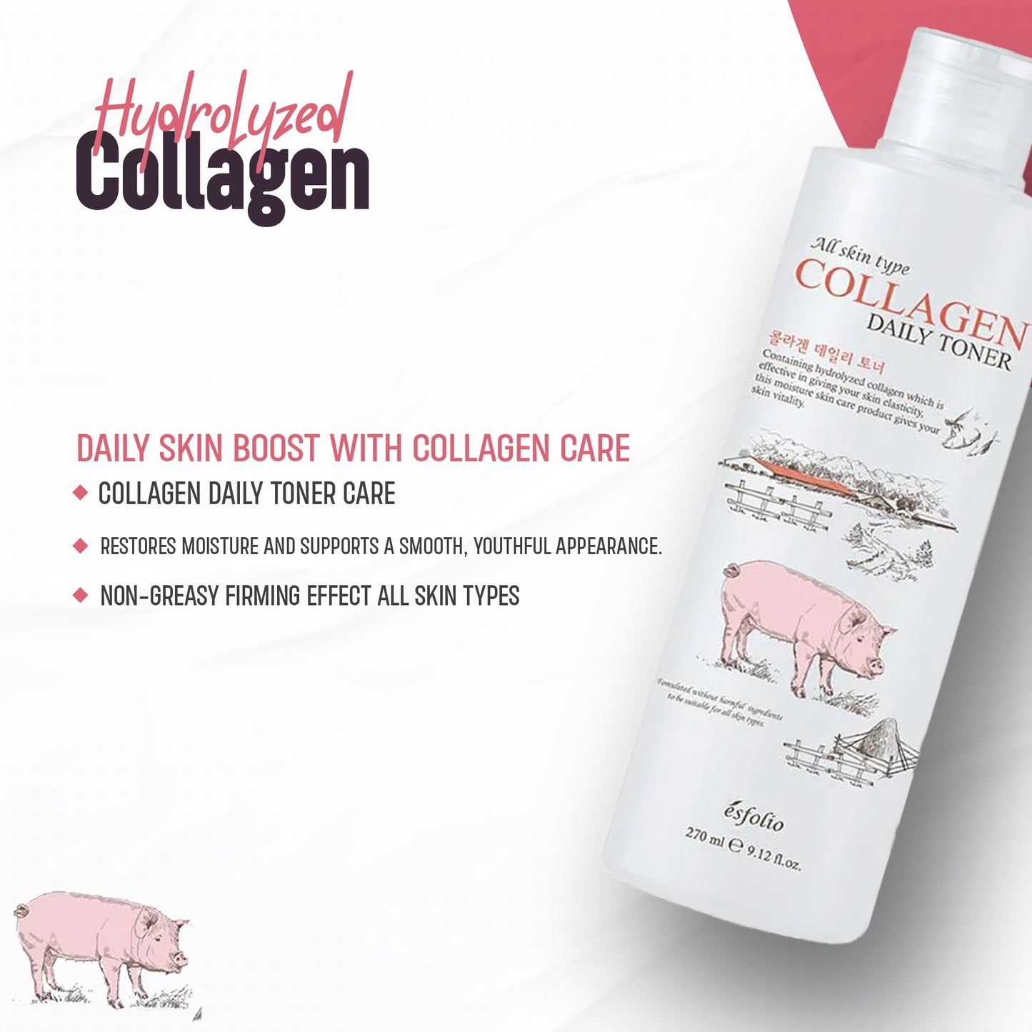 Esfolio Collagen Daily Toner – Hydrating & Firming Facial Toner with Hydrolyzed Collagen, Moisturizing & Soothing Skincare for All Skin Types, Anti-Aging & pH Balancing Korean Beauty (9.12OZ/270ML)