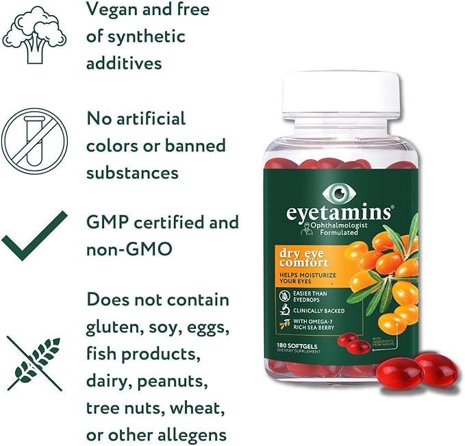 Dry Eye Comfort - 180 Softgels - Ophthalmologist - Formulated, Natural - Himalayan Sea Buckthorn Oil - Vegan and Non-GMO Formula