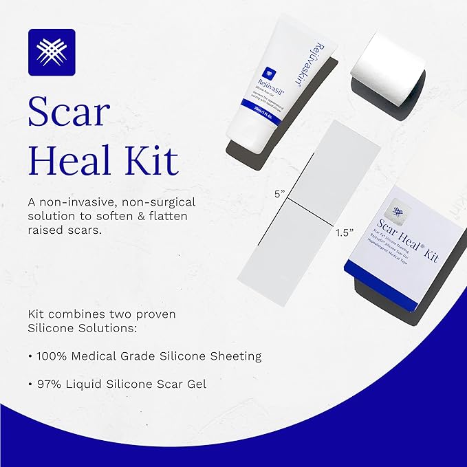 Rejuvaskin Scar Heal Kit for Small to Medium Scars, Soften, Flatten, Reduce and Recover, Silicone Sheeting, RejuvaSil Gel & Medical Tape, 1.5" x 5"