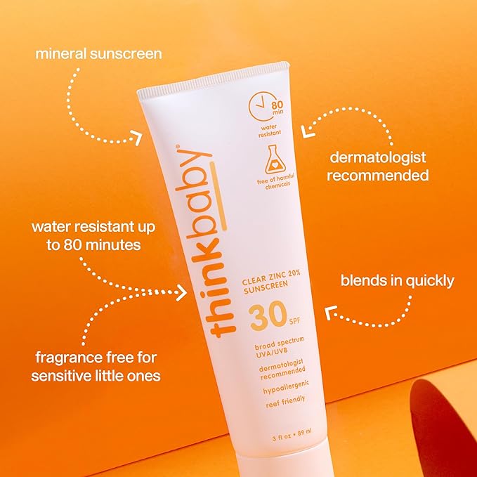 Thinkbaby Mineral Sunscreen, SPF 30 Clear Zinc Oxide Baby Sunscreen, 3 Fl Oz, Natural, Water Resistant Reef Safe Sunscreen, Broad Spectrum UVA/UVB Sun Screen for Sun Protection, Travel Size
