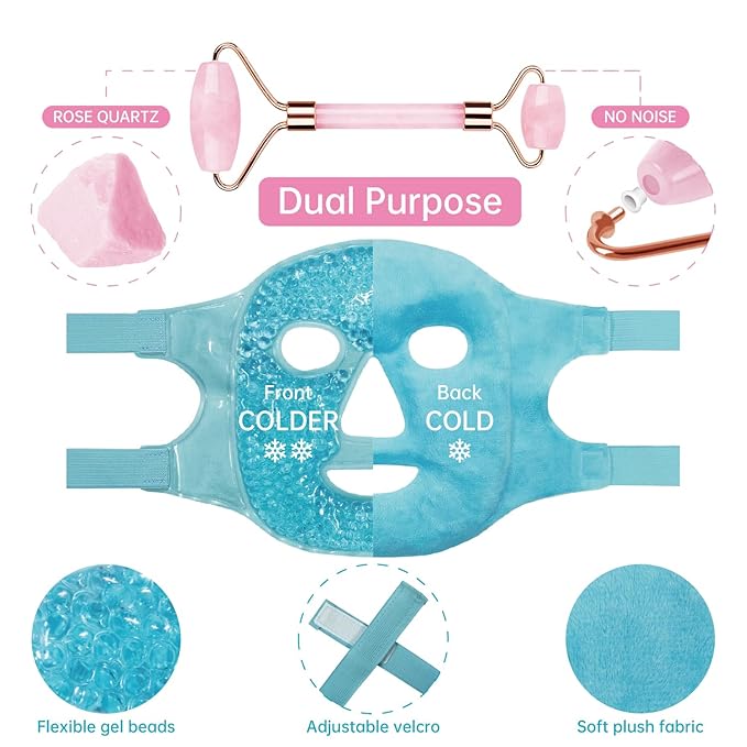 ZNÖCUETÖD Ice Face Roller Facial Jade Roller and Ice Face Mask Cold Cooling Gel Mask Gift Set for Women Face Aging Wrinkles Lifting Firming Puffy Eyes, Eye Face Neck Roller Massager SPA Tools