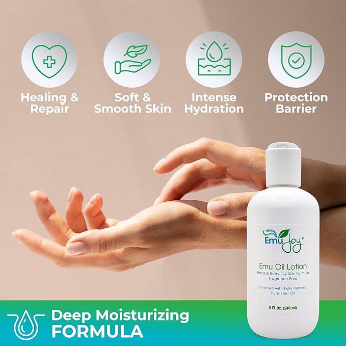 Emu Oil Infused Hand Lotion – Deep Moisturizing Cream for Dry & Cracked Hands Skin Relief – Perfect for Women, Men, and Travel | Natural Lotion with Shea Butter and Natural Oils - 8 oz
