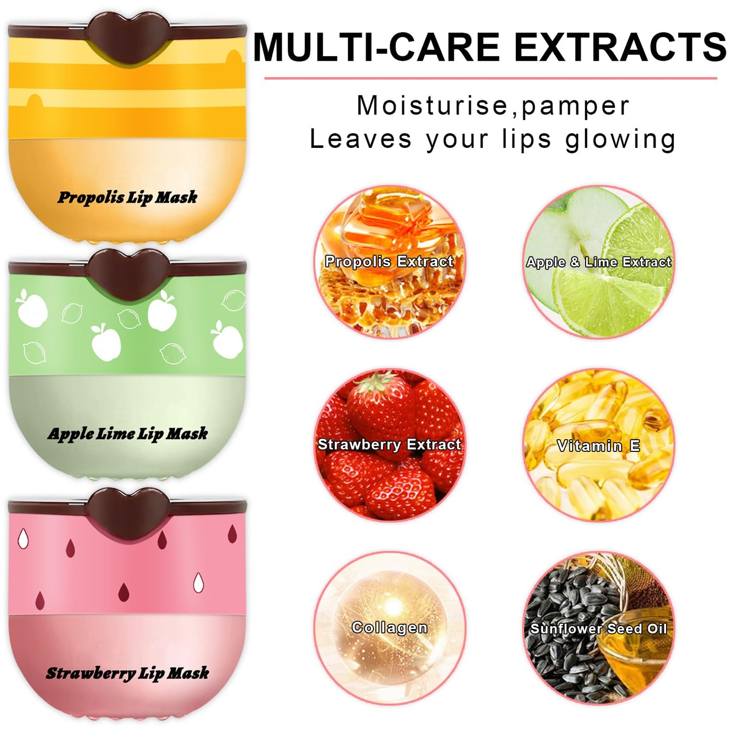 3Pcs Lip Balm Honey Pot with Stick, Honey Strawberry Apple Moisturizing and Hydrating Sleeping Lip Mask, Day and Night Repair and Care, Improve Lip Color, Reduce Lip Lines (SET A)