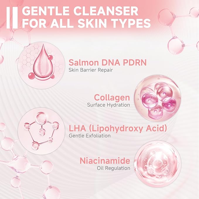 Salmon DNA PDRN Facial Cleanser | Low pH Hydrating Daily Foaming Face Wash with Soft Massage Heads | PDRN, Collagen & LHA | Gentle Pore Care & Radiant, Balanced-Looking Skin | 4.06 fl. oz