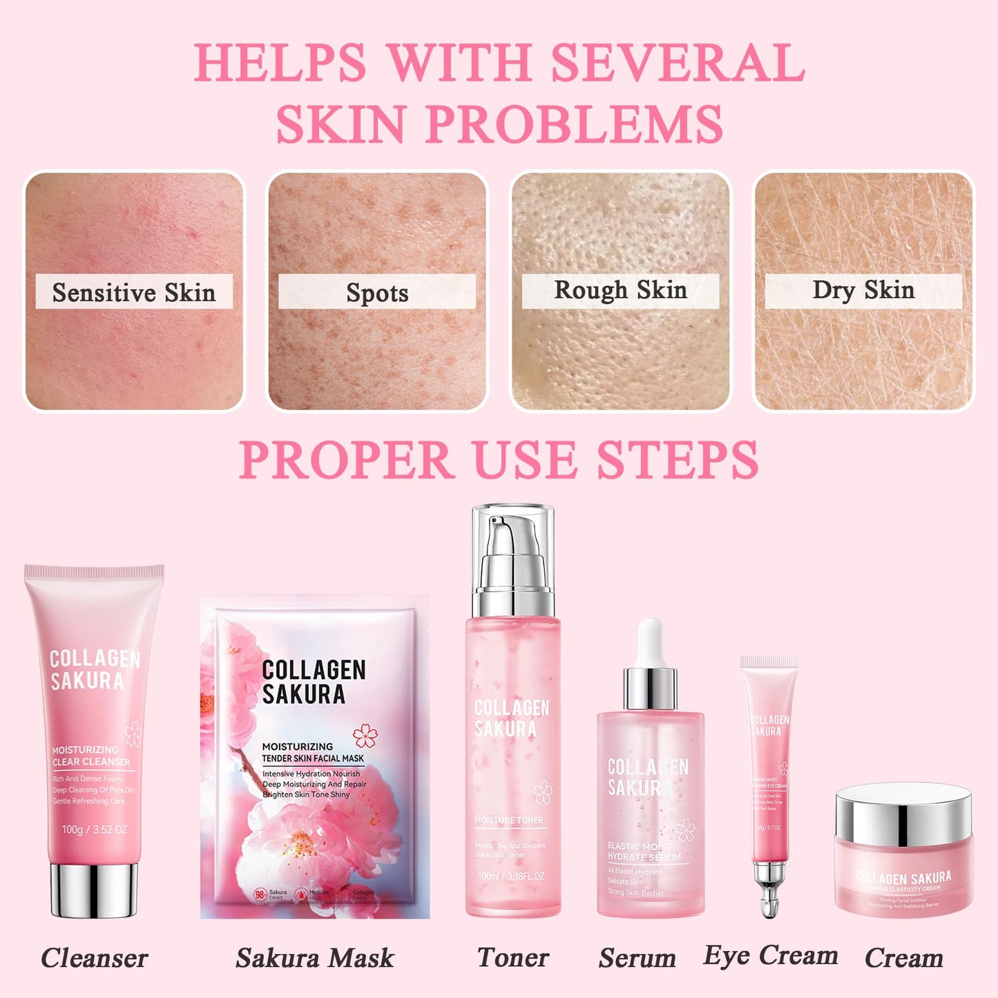 8PCS Skin Care Set, Moisturizing Cherry Blossom Facial Skin Care Kit, Hydrating Skincare Set for Women, Travel Facial Care Kits with Face Masks, Eye Cream, Cleansing Lotion, Serum, Face Cream,Toner