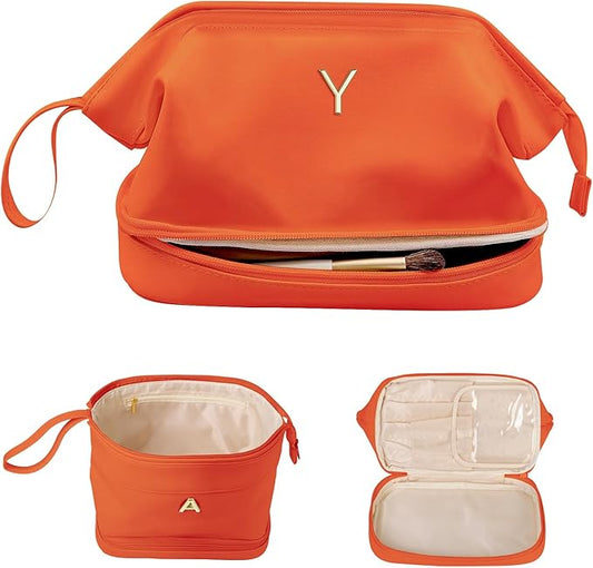 Travel Essentials for Friends Female Mom, Personalized Makeup Bag, Double Layer Cosmetic Bag with Makeup Brush Organizer, Waterproof, Large Capacity PU Leather Toiletry Bag Customized Gifts