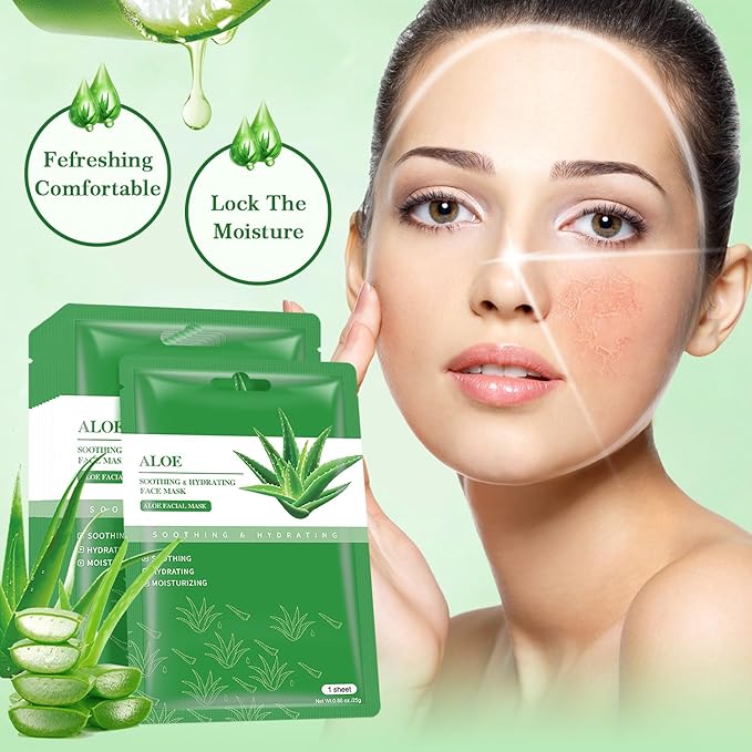 Aloe Vera Soothing Mask Hydrating Face Masks Skincare Moisturizing Facial Sheet Mask Skin care for Dry, Oily, Sensitive Skin Face Mask for Acne, Sun Care, Calming, Refreshing 25ml/0.88oz, 10 Pack