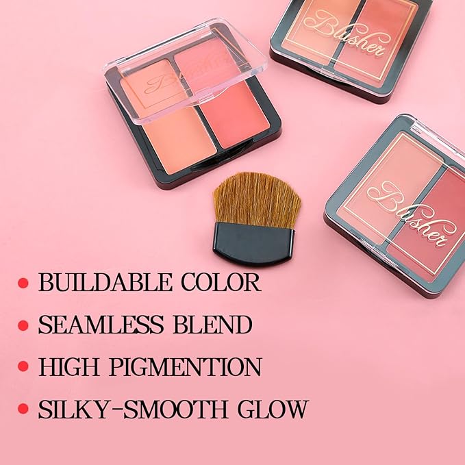 2 Colors Matte Blush Palette with Brush,Pink Blush Blusher,Highly Pigmented