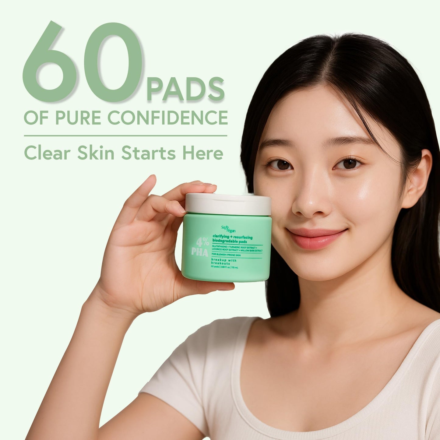 SoloVegan 4% PHA Toner Pads | Vegan Korean Skincare for Sensitive, Acne-Prone Skin, Before Makeup, Morning Routine Selfcare, (Toner Pads, 60 ct)