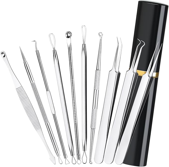 Pimple Popper Tool Kit,10 Pcs Professional Blackhead Remover Comedones Extractor for Easy Removal for Pimples,Blackheads,Zit Removing, Facial and Nose, Acne Removal Kit with Metal Box (Silver)