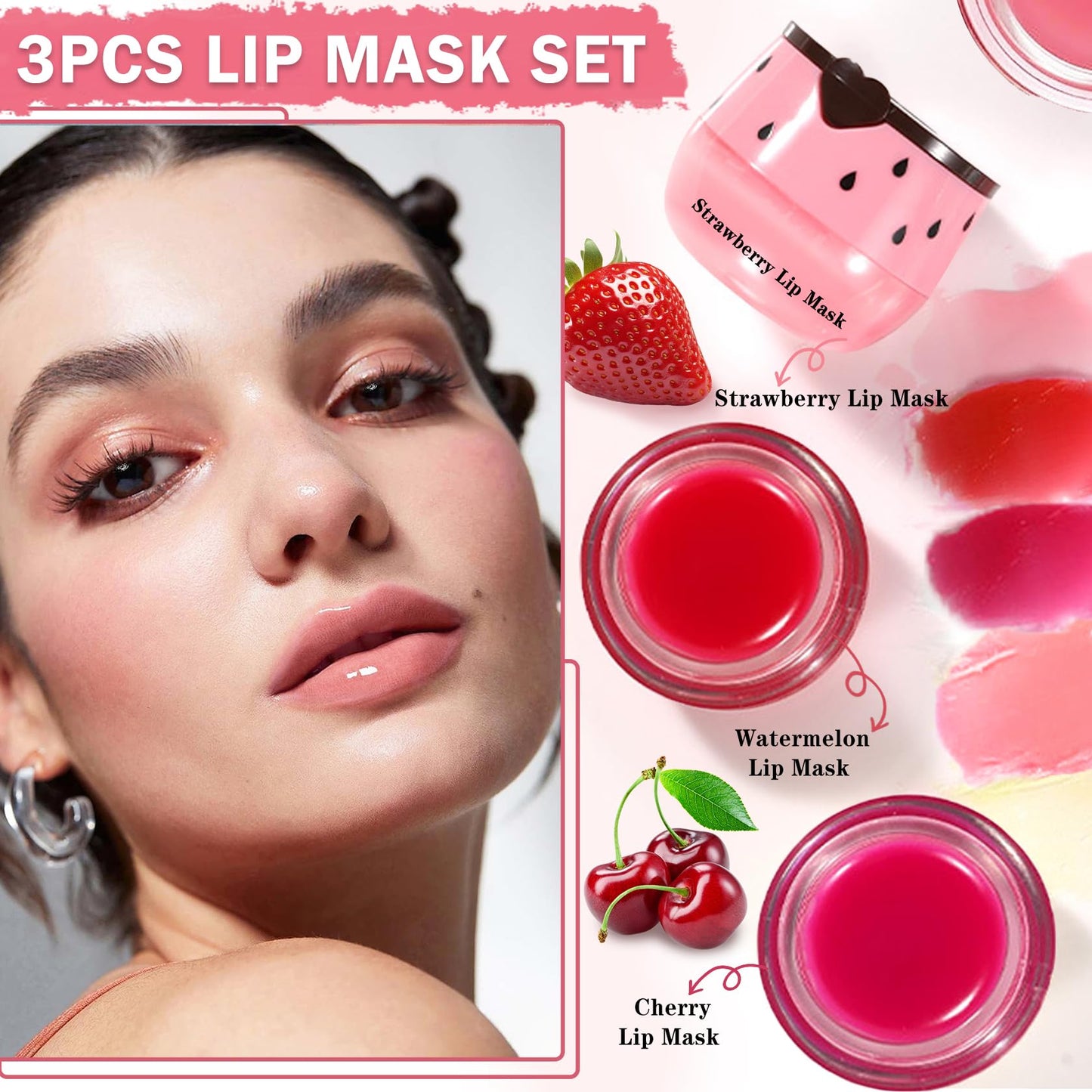 ZHISHUDL Bee Lip Balm Honey Pot 3PCS Strawberry Watermelon Cherry Lip Balm Lip Sleeping Mask Moisturizing Hydrating Bee Lip Balm Reduces Lip Lines, Lip Care Products for All Skin Types