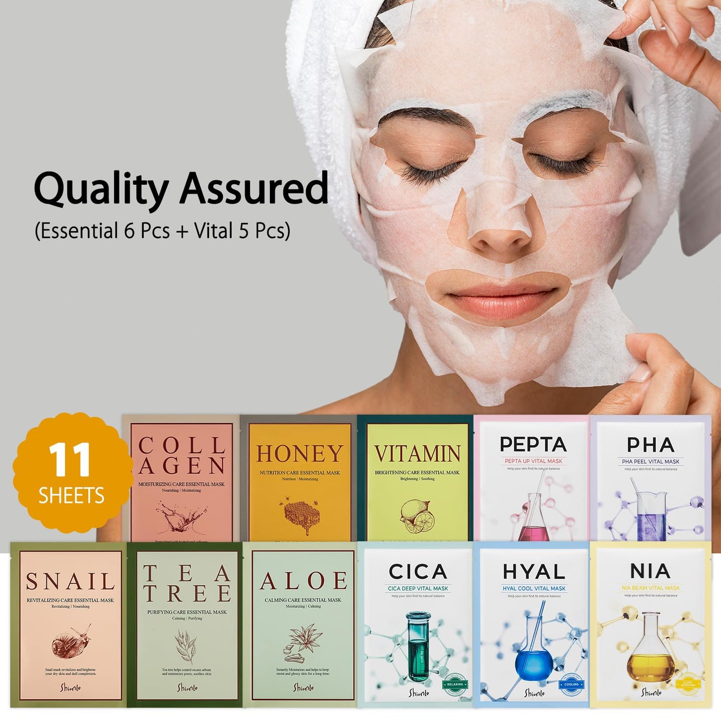 SHIONLE 11 Combo Pack A+B Vital & Essential Face Mask Sheet 11 Types Variety Set, Premium K-cosmetics Korean Skincare, Moisturizing Treatment Mask, Natural Home Spa Self Care For All Skin Types
