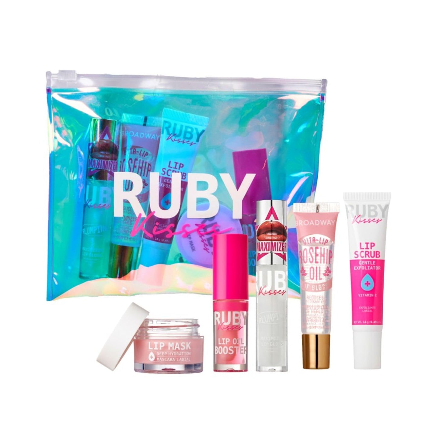 Ruby Kisses Value Lip Care Travel Kit With Rosehip Oil Clear Lip Gloss, High Shine Plumping Gloss, Pink Lip Oil Booster, Exfoliating Lip Scrub, Hydrating Intensive Lip Mask + Holographic Makeup Bag