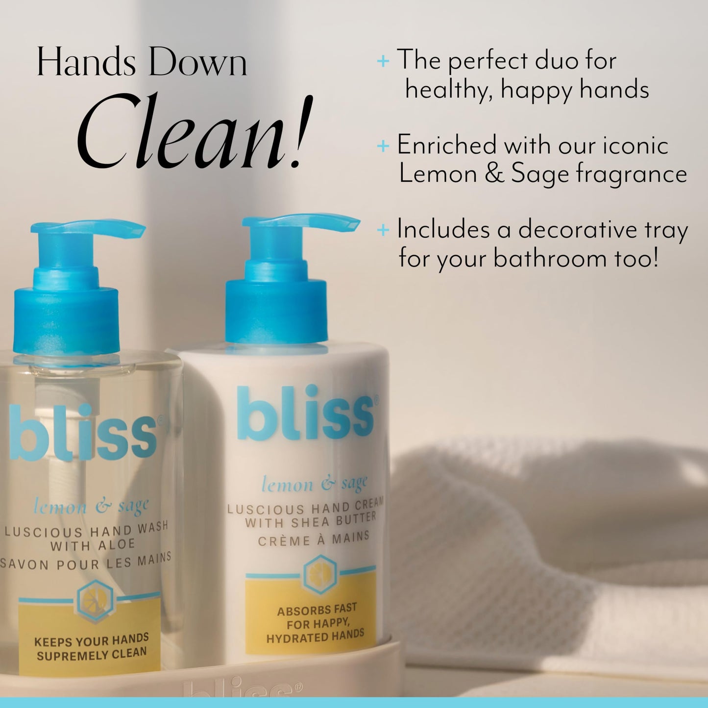 Bliss Lemon & Sage Happy Hands Duo | Hydrating Hand Wash & Nourishing Hand Cream Set with Decorative Tray