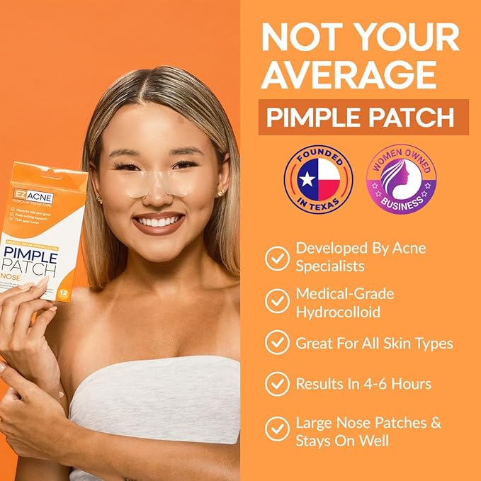 EZACNE™ Pimple Patches for Nose – Medical Grade Hydrocolloid Nose Pore Patches for Zits, Blemishes & Excess Oil – Overnight Pore & Whitehead Nose Strips (12 Count)