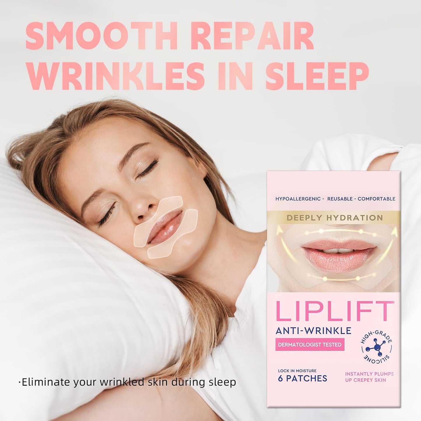 HOOJLX Anti Wrinkle Patches for Lips, Smoothing Smile Line & Lip Area Wrinkles, 6 Patches Skin-friendly Lip Lift Wrinkle Remover Patches