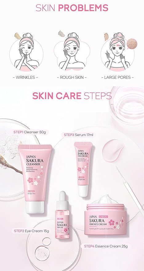 Gentle Skin Daily Skincare Set for Teen Girls & Women, JAPAN SAKURA Face Care Kit Includes Cleanser Hydrating Serum Essence Eye Cream, Sensitive Skin & Travel Essentials (4PCS)