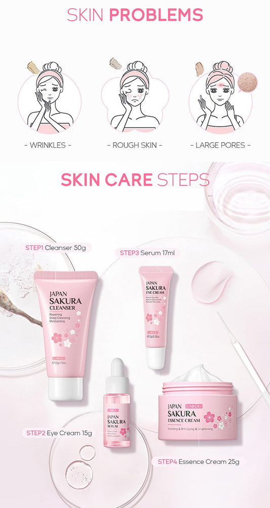 Gentle Skin Daily Skincare Set for Teen Girls & Women, JAPAN SAKURA Face Care Kit Includes Cleanser Hydrating Serum Essence Eye Cream, Sensitive Skin & Travel Essentials (4PCS)