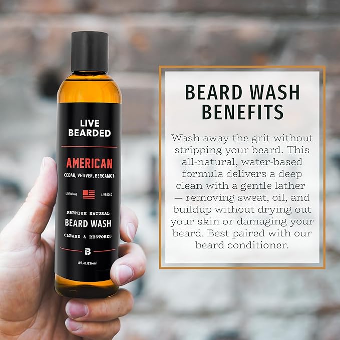 Live Bearded Beard Wash, 8 fl oz - Water-Based Face Cleanser with All-Natural Ingredients for a Gentle, Deep Clean - Made in the USA | American Scent - Cedar, Vetiver, Bergamont