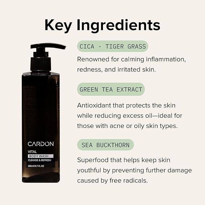 Cardon Acne Clearing Men's Body Wash, Korean Skin Care, All Natural Green Tea Extract, Sea Buckthorn, & Cica Combat Breakouts, Prevent Body Odor to Deeply Cleanse w/o Stripping (1 PK)