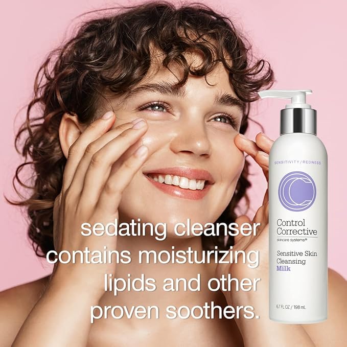 CONTROL CORRECTIVE Sensitive Skin Cleansing Milk, 6.7 Oz - Creamy, Calming Cleanser With Soothing Liden Flower, Gentle, Comfrey, Aloe Vera, Chamomomile Extracts, Removes Make-Up & Daily Build Up