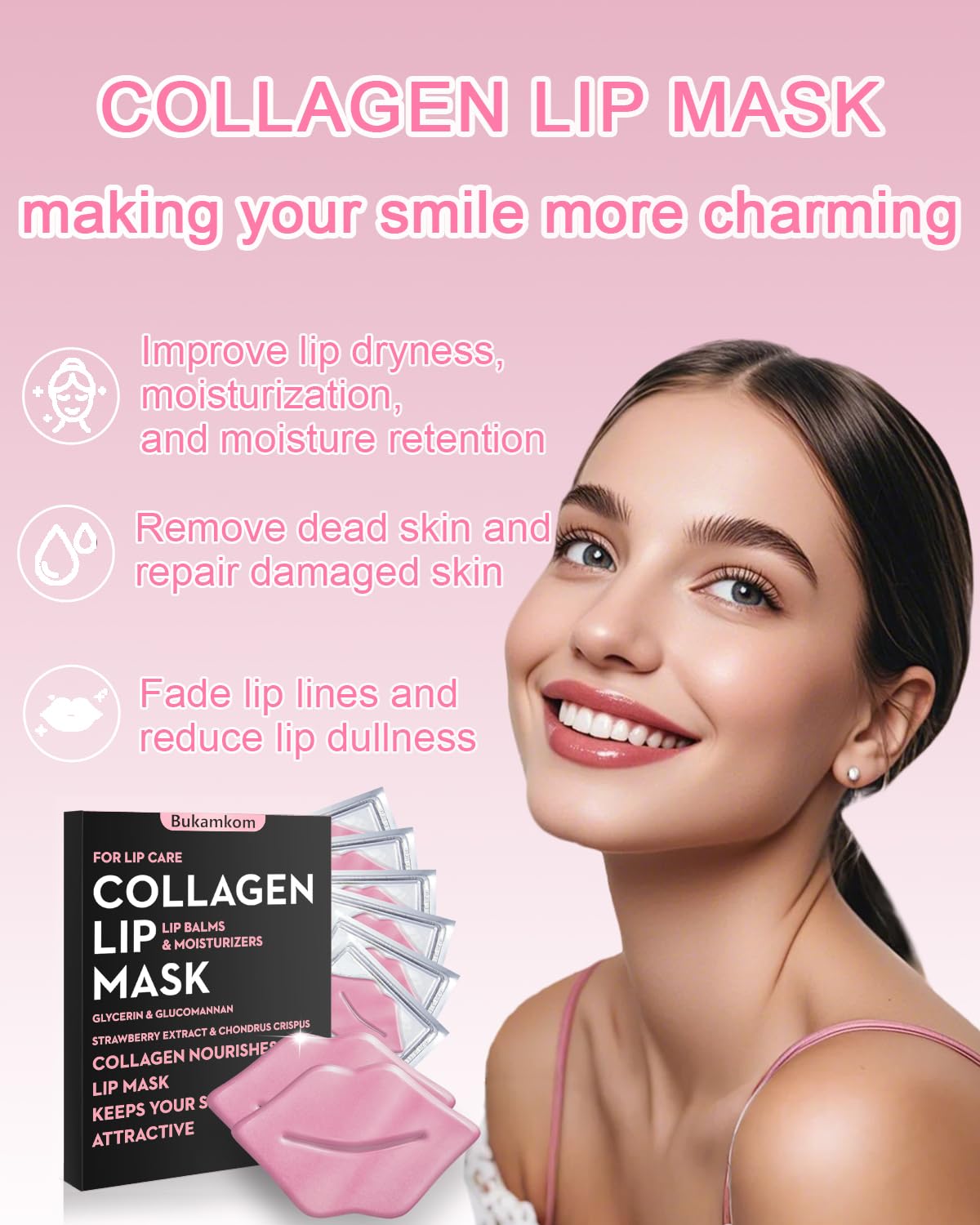 Bukamkom Collagen Pink Lip Mask 20 Pieces,Which can Provide Long-lasting Nourishment,Moisturization,Overnight Lip Mask Individually Wrapped Lip Patch