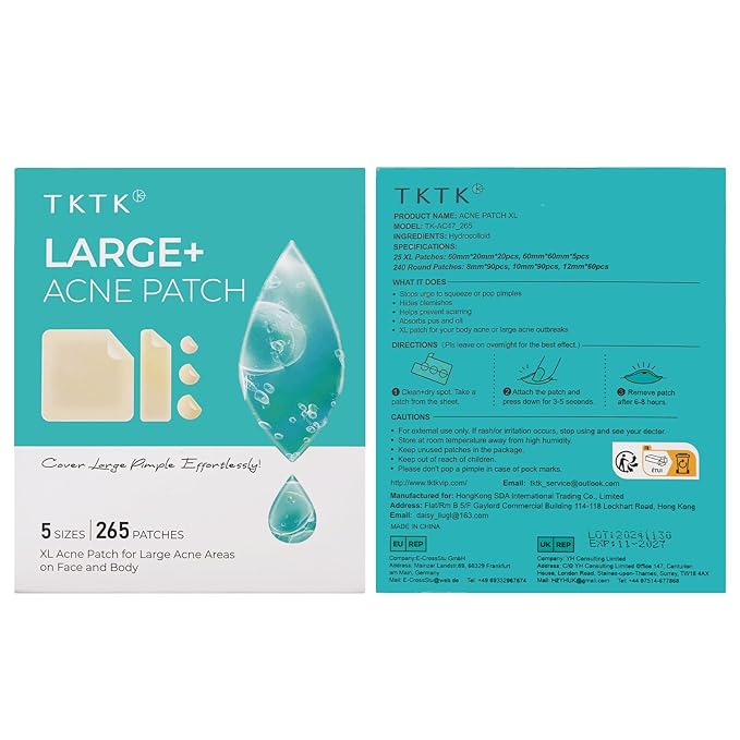 TKTK Large Pimple Patches, 60 mm XL Acne Patches, Big Hydrocolloid Bandages for Body, Face, Forhead, Chin, Neck Zit Breakouts, Hydrocolloid Patch (Square, Strip, Dot 5 Sizes 265 Count)
