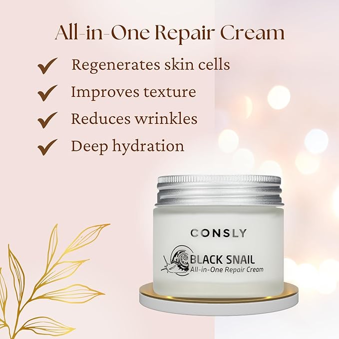 CONSLY_Black Snail All-In-One Repair Cream, Regenerating Moisturizer, Reduces Wrinkles, Improves Texture, Deeply Hydrating, For All Skin Types, 70ml