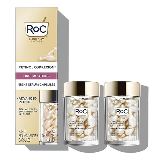 RoC Retinol Correxion Anti-Aging Wrinkle Night Serum, Daily Line Smoothing Skin Care Treatment for Fine Lines, Post-Acne Scars, 80 Capsules (Limited Edition Value Set)