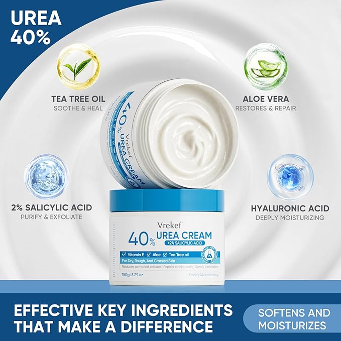 Urea Cream 40% Plus Salicylic Acid 2%, Urea Cream 40 Percent for Feet Maximum Strength, Foot Cream for Dry Heels Cracked (2 PCS)