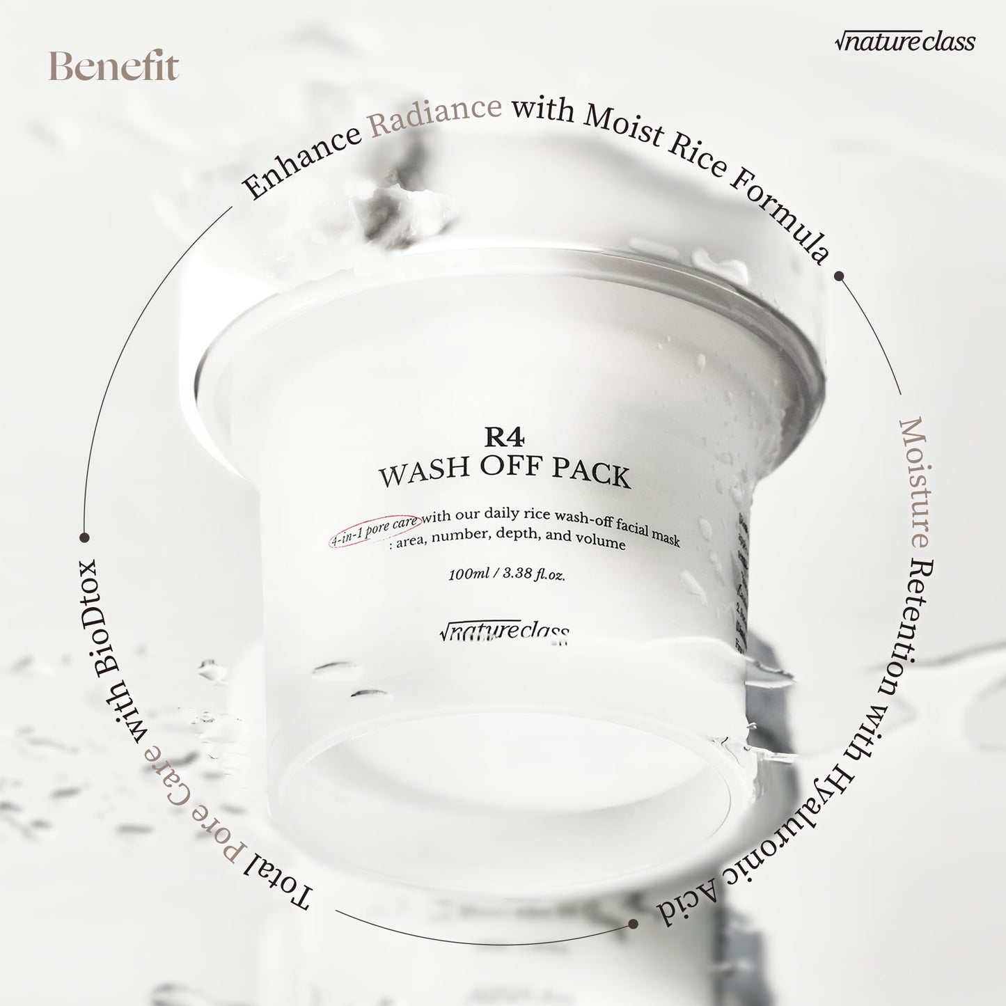 NATURECLASS R4 Rice Wash Off Facial Mask – 4-in-1 Pore Care, Deep Cleansing, Hydrating, Exfoliates, Pore Sebum Clearing, Gentle Exfoliating Korean Skincare 3.38 Fl Oz