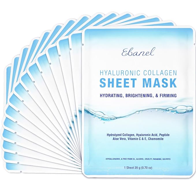 Ebanel 15 Pack Collagen Face Mask with Hyaluronic Acid, Vitamin C, Peptide, Aloe, Instant Brightening Hydrating Face Masks Skincare Korean Sheet Mask, Skin Firming, Lifting Anti Aging Facial Masks