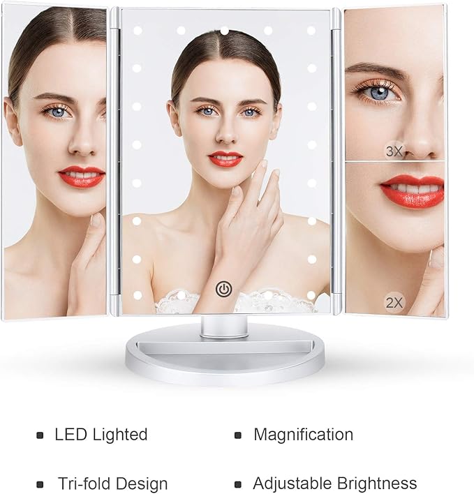 deweisn Tri-Fold Lighted Vanity Tabletop Mount Mirror with 21 LED Lights, Touch Screen and 3X/2X/1X Magnification, Two Power Supply Modes Make Up Mirror,Travel Mirror