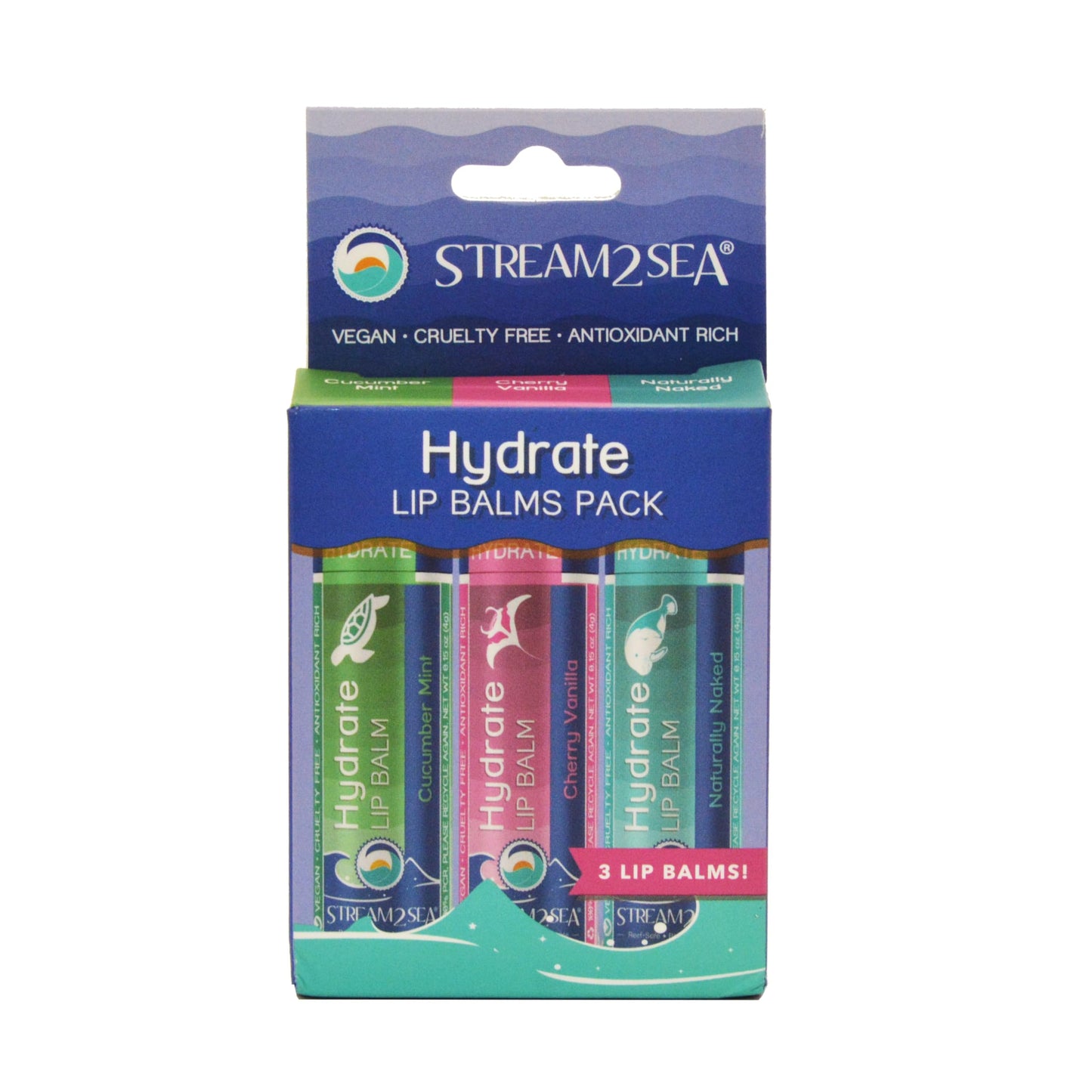 Stream2Sea Hydrate Lip Balm Set, Cherry Vanilla, Naturally Naked and Cucumber Mint Reef Safe Lip Balms, Nourishing and Moisturizing Indoor Lip Balm For Daily Use, Paraben Free