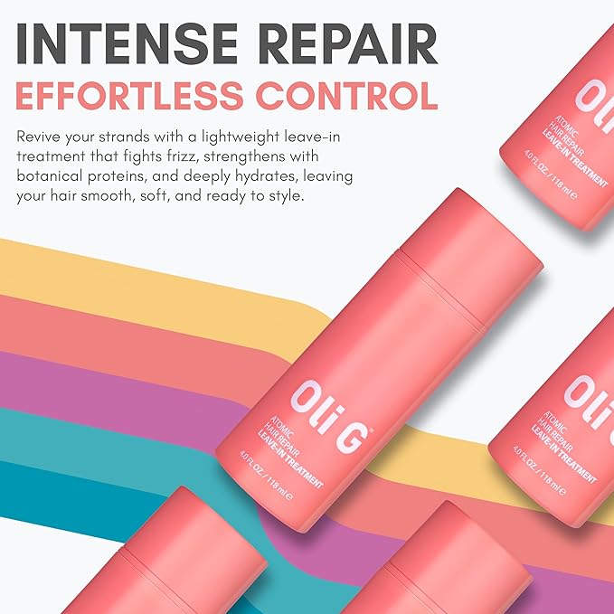 Oli G Atomic Hair Repair Leave In Treatment for Women – Anti Frizz Hair Treatment Cream with Oligopeptides & Botanical Proteins – Conditioning, Moisture & Strengthening Formula - All Hair Types - 4oz