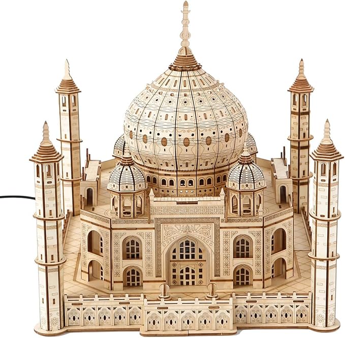 3D Wooden Puzzles for Adults 388pcs LED Light Taj Mahal Castle DIY Wooden Assembly Kit for Teens Home Decor
