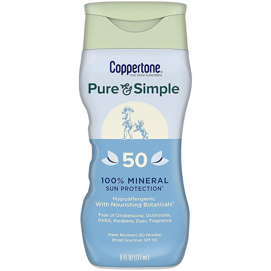 Coppertone Pure and Simple Zinc Oxide Mineral Sunscreen Lotion SPF 50, Body Sunscreen, Water Resistant, Broad Spectrum SPF 50 Sunscreen for Sensitive Skin, 6 Fl Oz Bottle